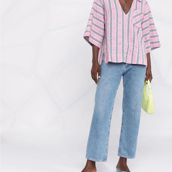 Ganni Pink Nectar Seersucker Collared Shirt EUC S/M Oversized - Picture 4 of 9